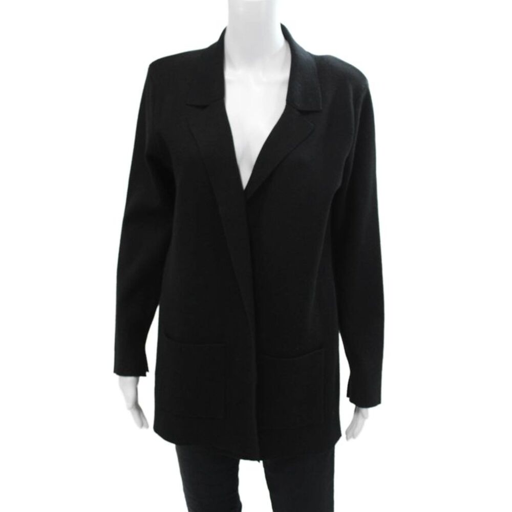 MK Metric Knits Womens Knit Collared Open Front Blazer Jacket Black Size L